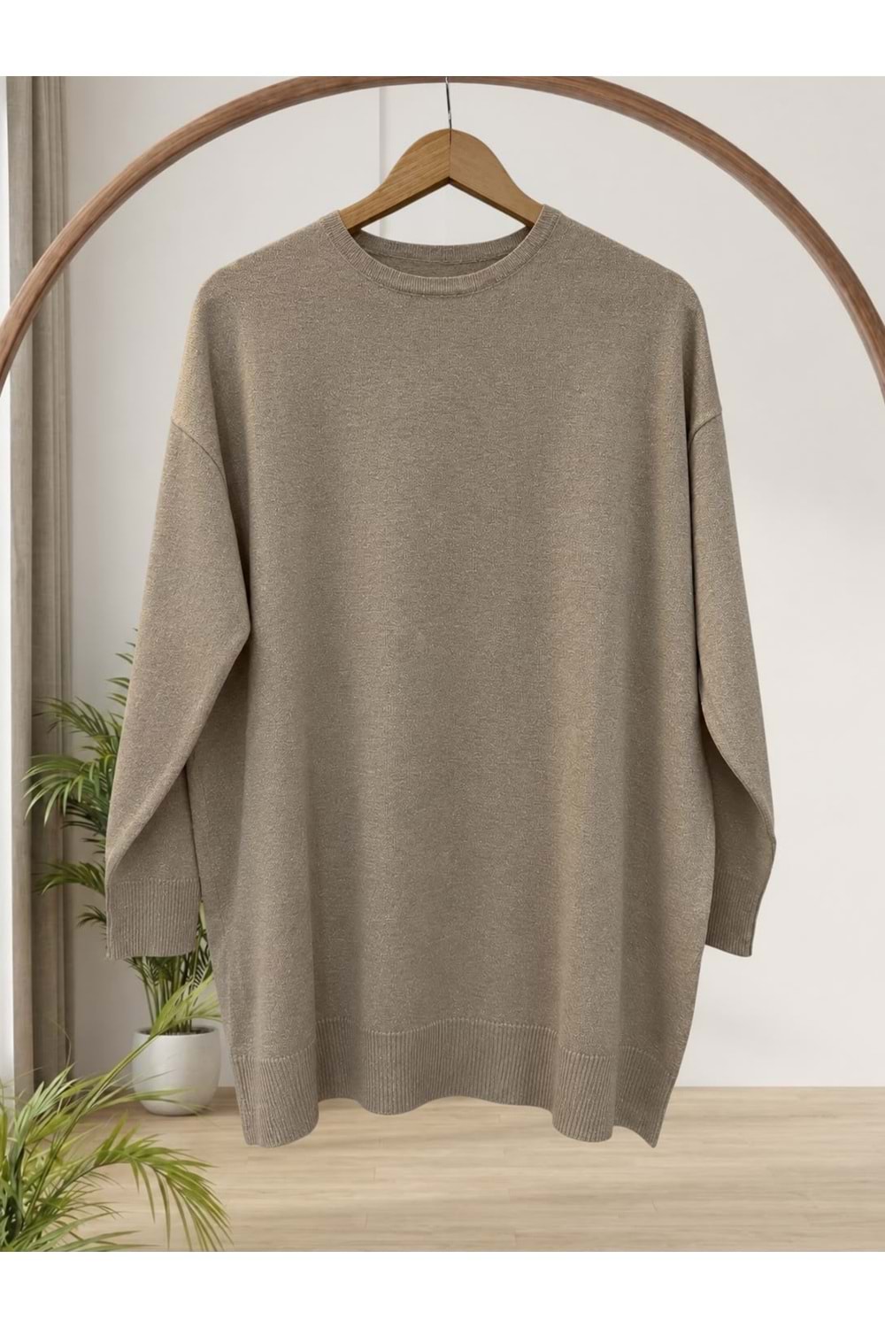 Simli Triko Tunik 33827 - Bej - TEK BEDEN